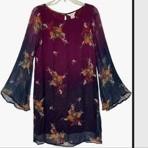 SUNDANCE Ombré Vandenberg Boho Floral Dress with Sheer Flared Sleeves, Size M